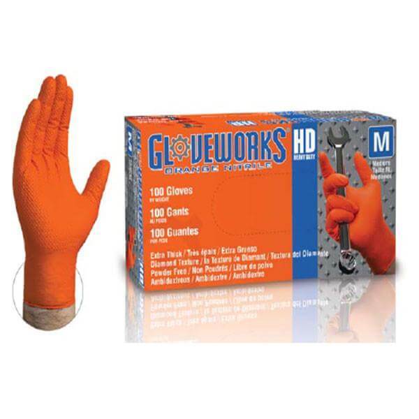 Gloveworks HD Orange Nitrile Industrial Latex Free Disposable Gloves (Box  of 100)