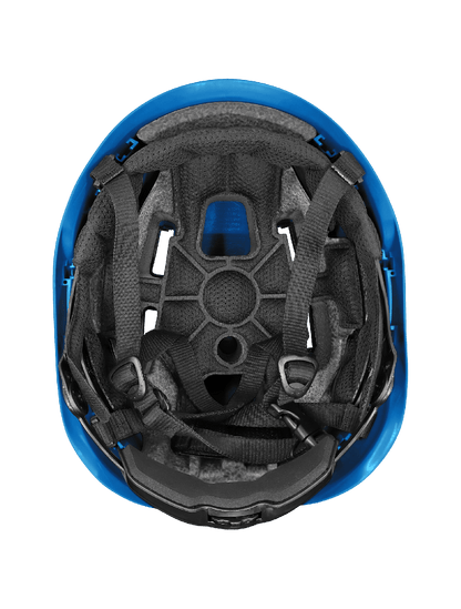 Bullhead Safety™ Head Protection Blue Type 2 Climbing Style Protective Helmet with Optional Venting, a Four-Point Chin Strap, and a Ratchet Suspension - HH-CH2-B